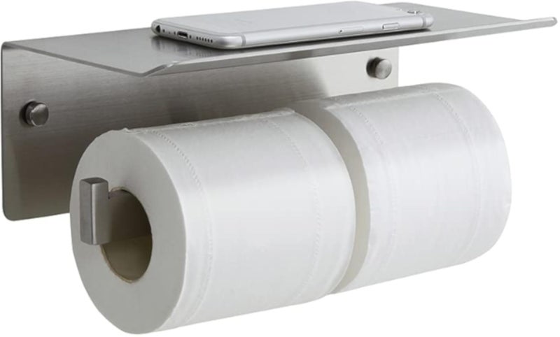 Double Toilet Paper Holder with Shelf,Idealmax Toilet Paper Holder Brushed Nickel,Large Commercial Toilet Paper Dispenser Phone Shelf, Wall Mounted Tissue Roll for Bathroom, Stainless Steel